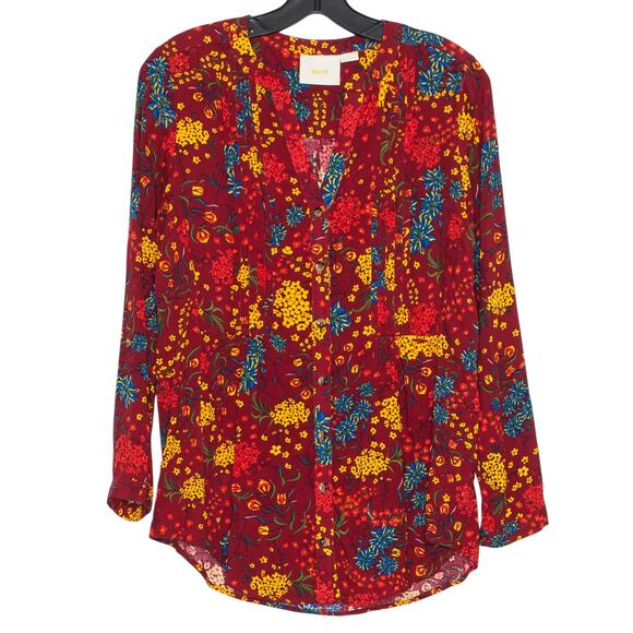 Maeve Top Boho Cottage Retro Whimsical Grandma Folk Floral Button Up Red Small - Picture 1 of 6